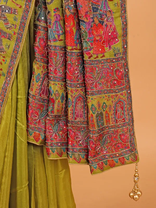 Olive semi pashmina saree for womne