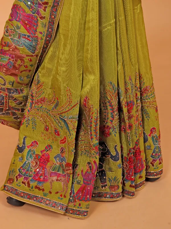 Olive semi pashmina saree for womne