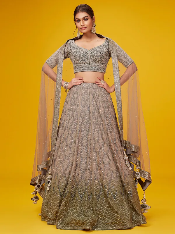 Olive shaded georgette lehenga choli for wedding