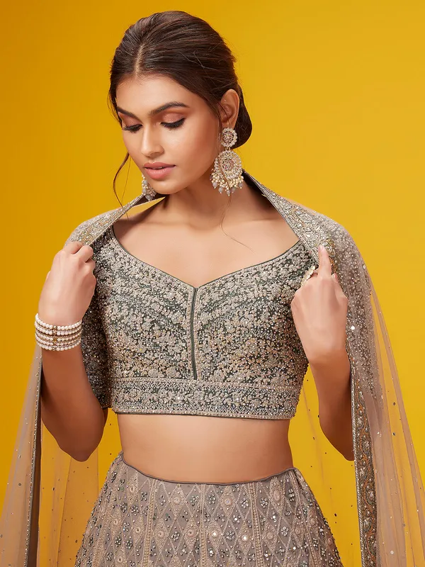 Olive shaded georgette lehenga choli for wedding