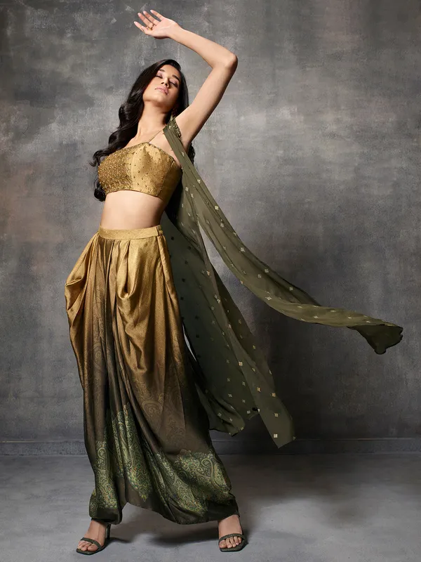 Olive shaded printed satin designer suit
