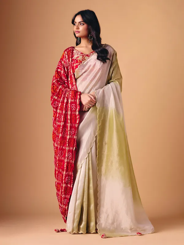 Olive shaded tissue silk saree with dupatta