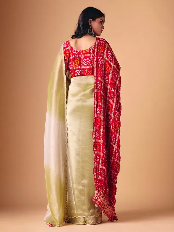 Olive shaded tissue silk saree with dupatta