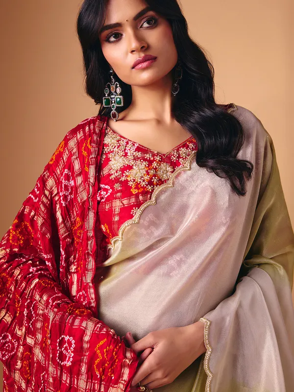 Olive shaded tissue silk saree with dupatta