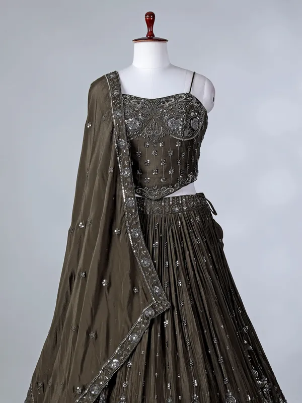 Olive silk embroidered cutdana lehenga choli set