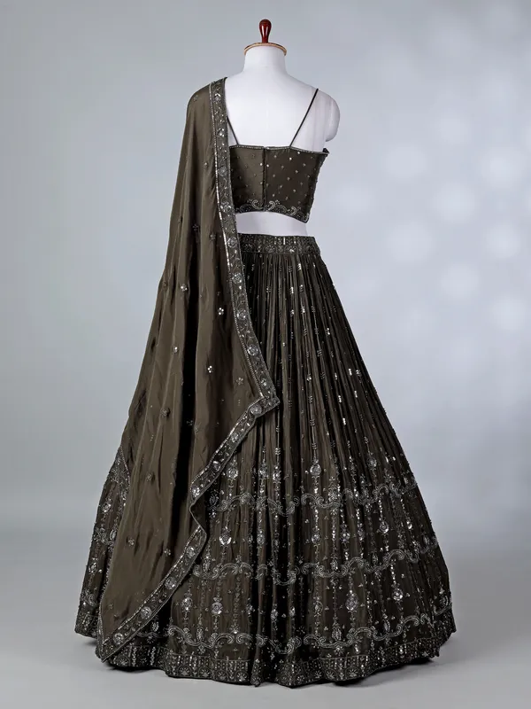 Olive silk embroidered cutdana lehenga choli set