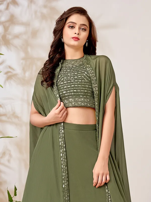 Olive silk embroidered jacket palazzo suit