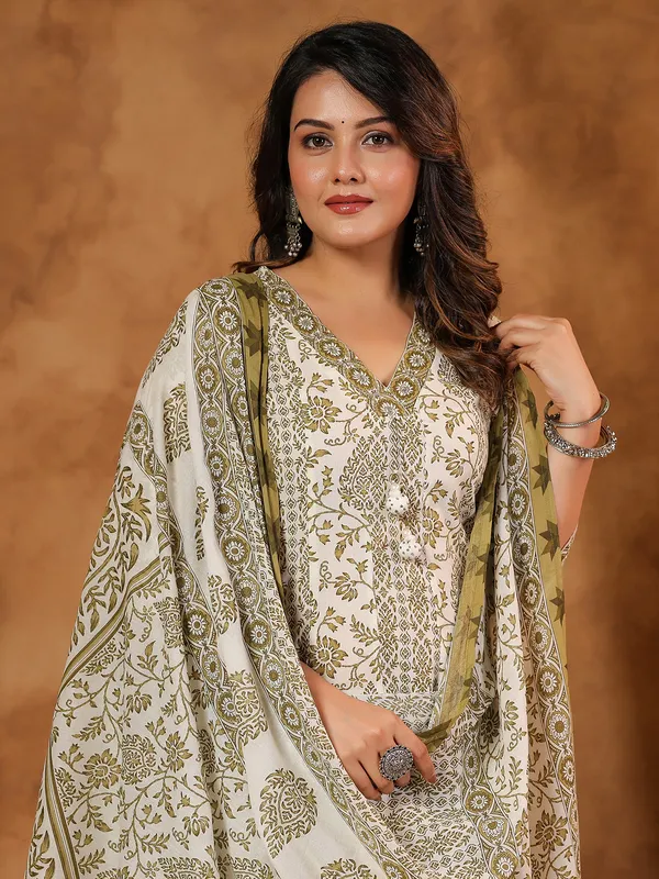 Olive silk festive kurti set with beads and aabla