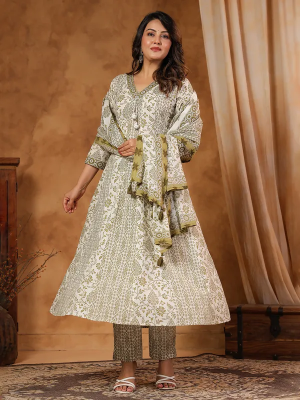 Olive silk festive kurti set with beads and aabla