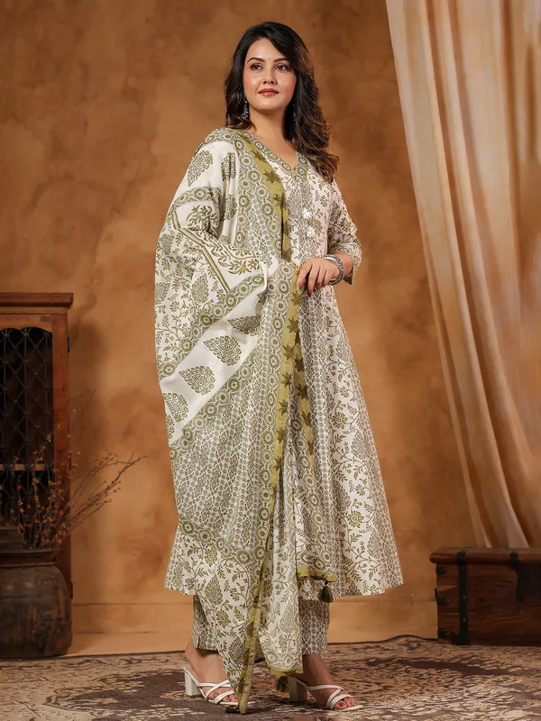 Olive silk festive kurti set with beads and aabla