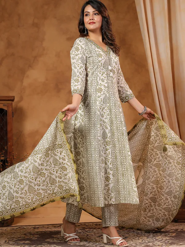 Olive silk festive kurti set with beads and aabla