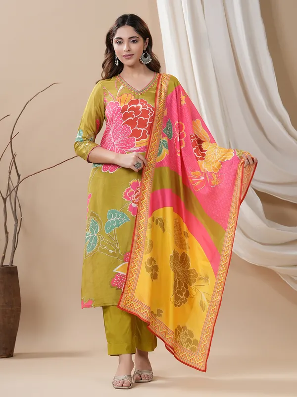 Olive silk kurti set with printed dupatta