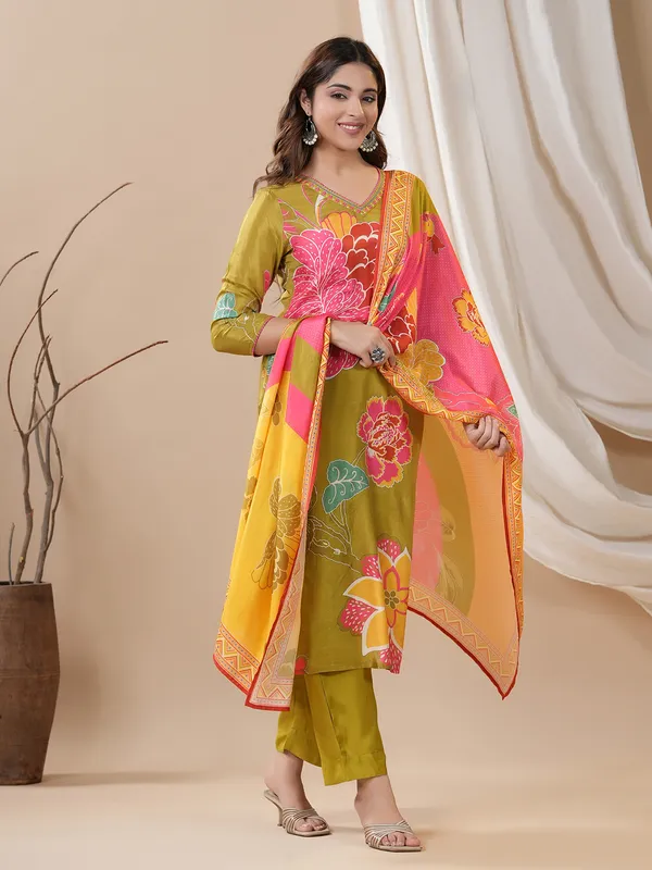 Olive silk kurti set with printed dupatta