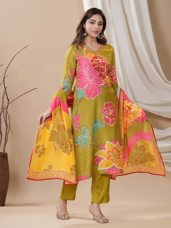 Olive silk kurti set with printed dupatta