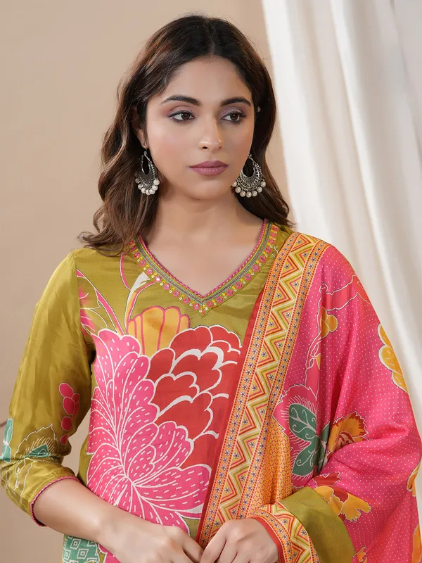 Olive silk kurti set with printed dupatta