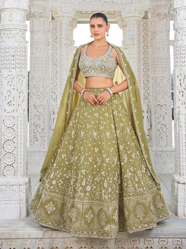 Olive silk mehendi wear lehenga choli set