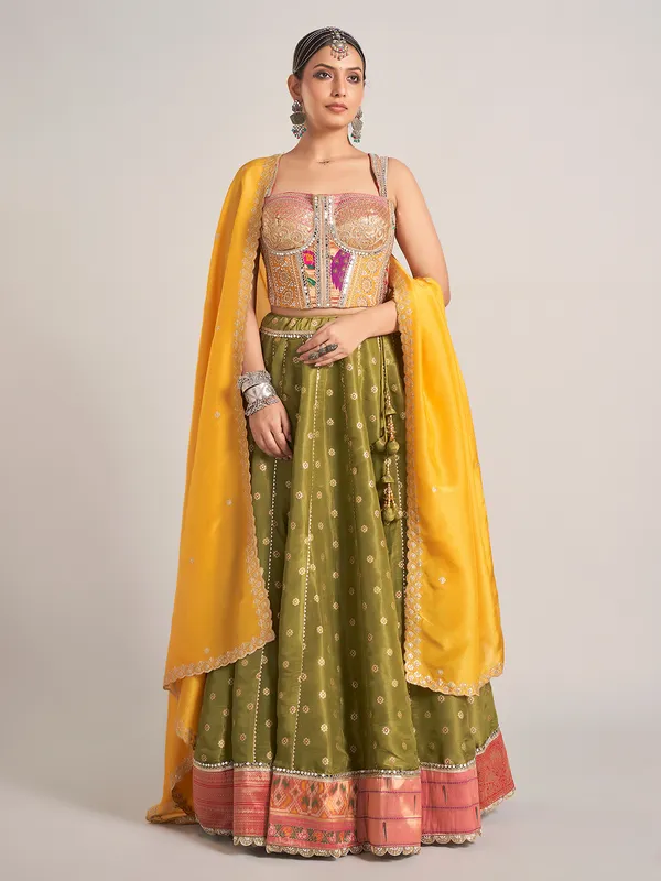 Olive silk navratri chaniya choli with dupatta
