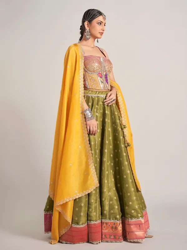 Olive silk navratri chaniya choli with dupatta