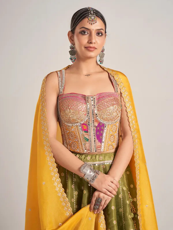 Olive silk navratri chaniya choli with dupatta