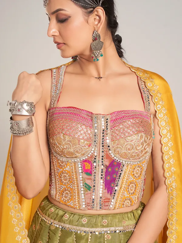 Olive silk navratri chaniya choli with dupatta