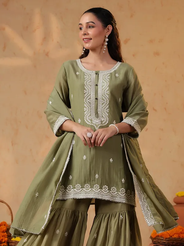 Olive silk pakistani sharara set with gota detailing