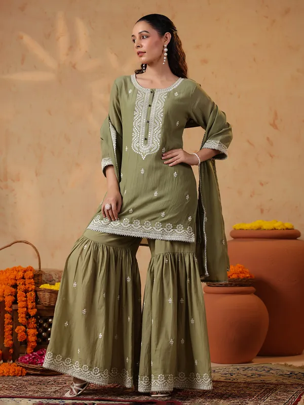 Olive silk pakistani sharara set with gota detailing