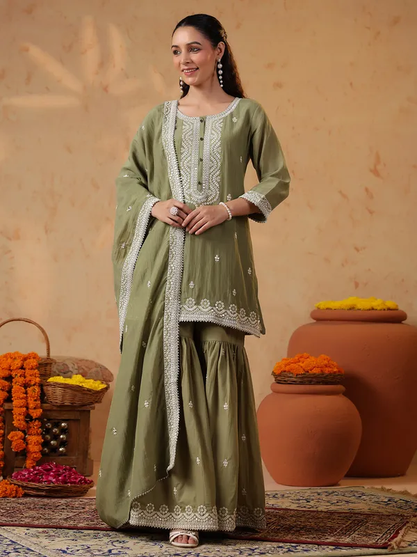 Olive silk pakistani sharara set with gota detailing