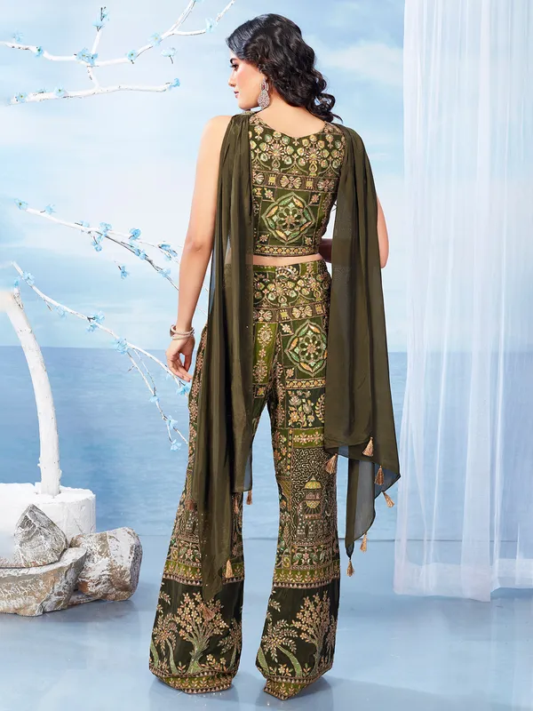 Olive silk palazzo suit with dupatta.