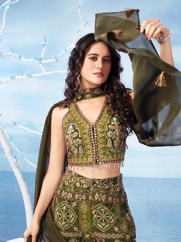 Olive silk palazzo suit with dupatta.