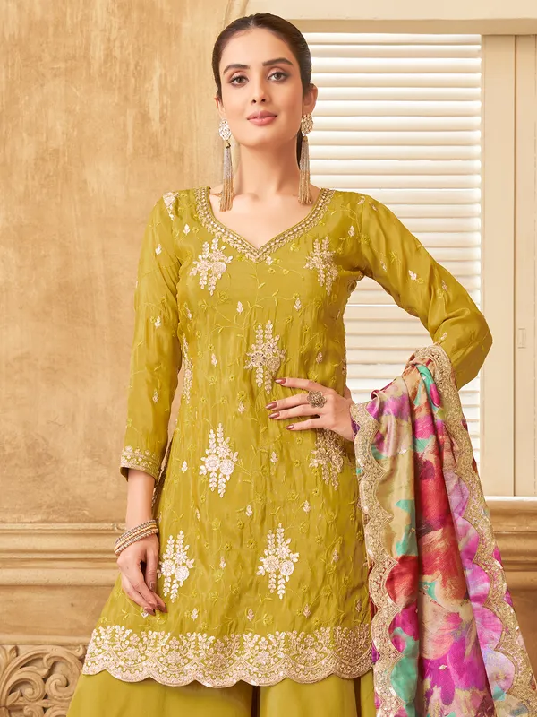 Olive silk palazzo suit with printed dupatta