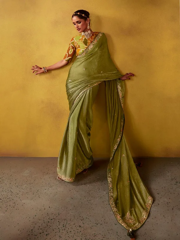 Olive silk party wear saree