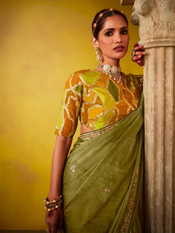 Olive silk party wear saree