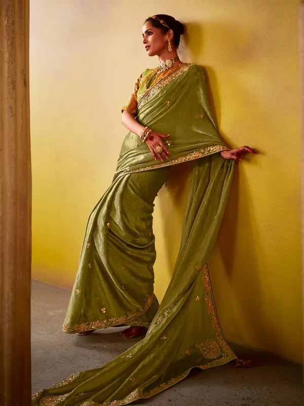 Olive silk party wear saree