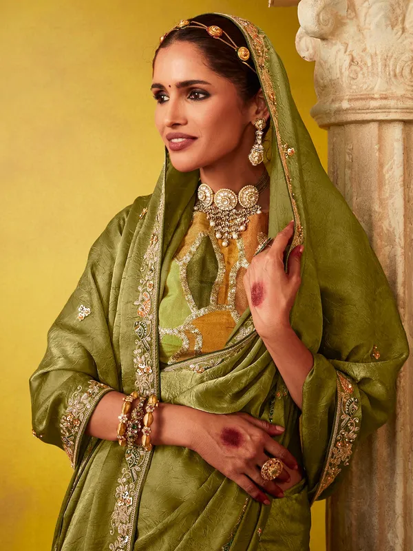 Olive silk party wear saree