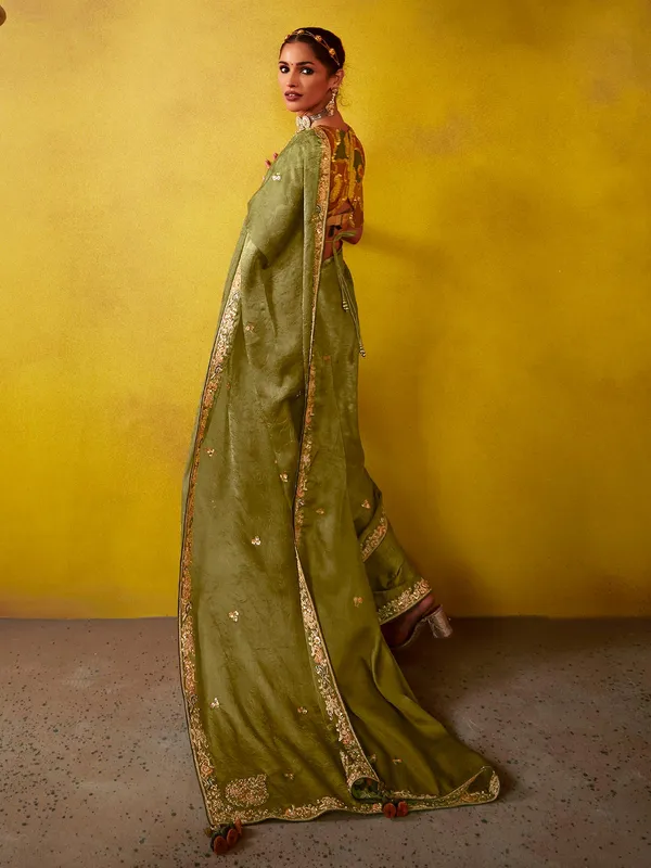 Olive silk party wear saree