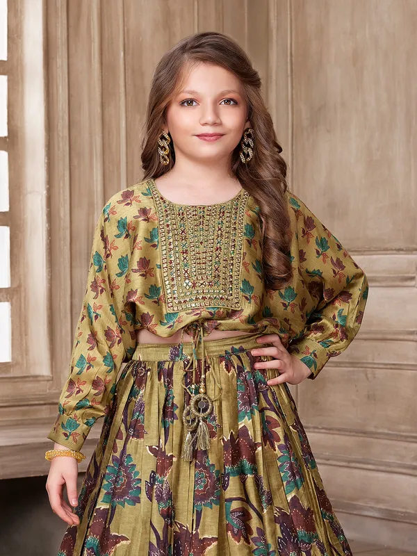 Olive silk printed crop top with lehenga