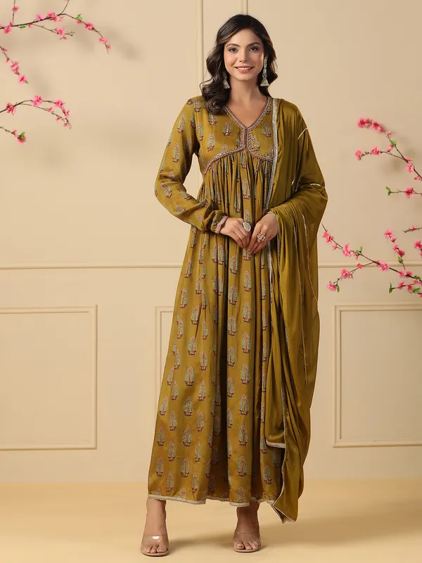 Olive silk printed long kurti with dupatta