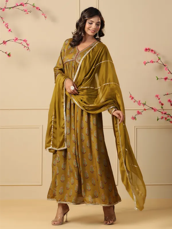 Olive silk printed long kurti with dupatta