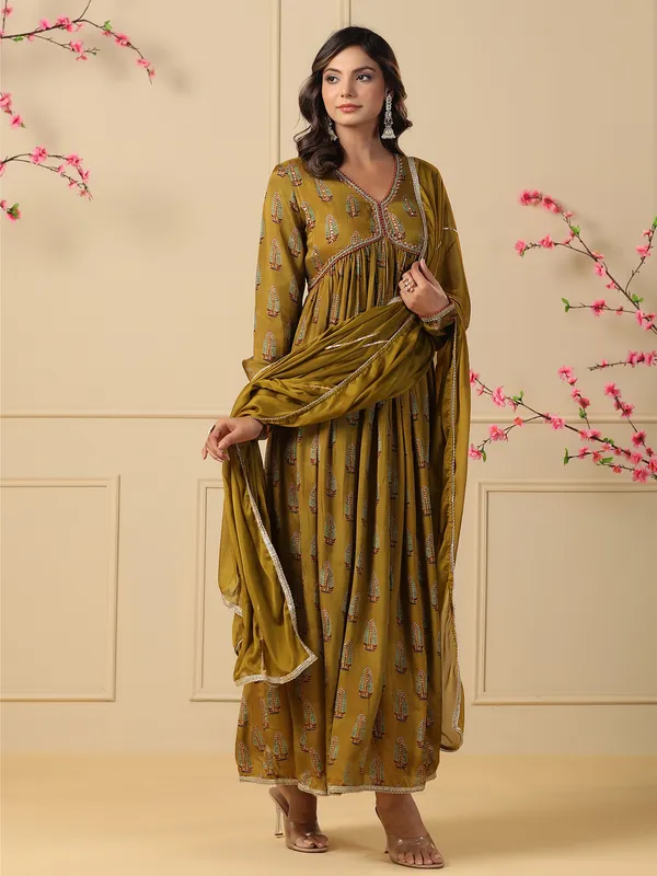 Olive silk printed long kurti with dupatta
