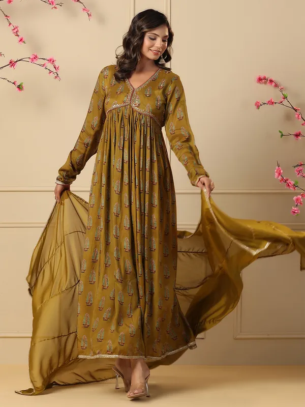 Olive silk printed long kurti with dupatta