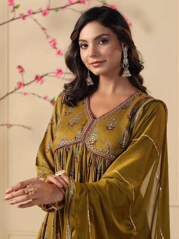 Olive silk printed long kurti with dupatta