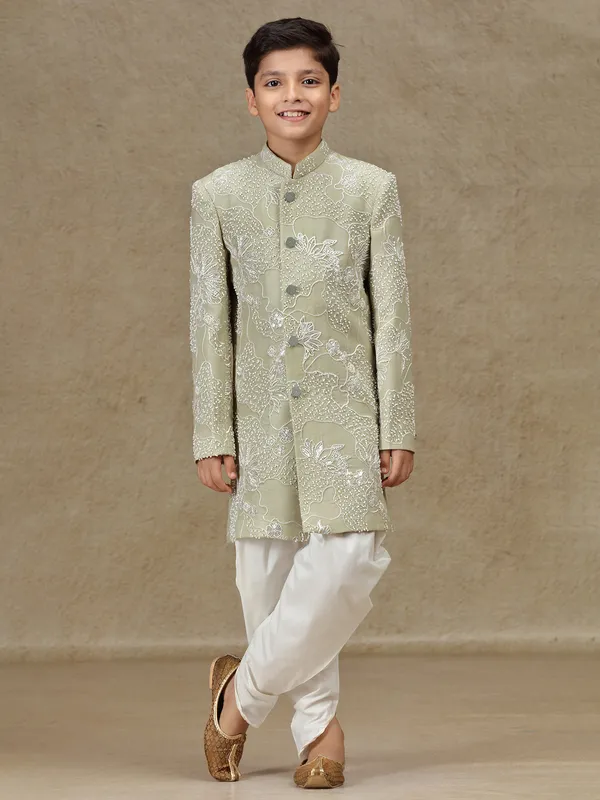 Olive silk reception wear indowestern for boys