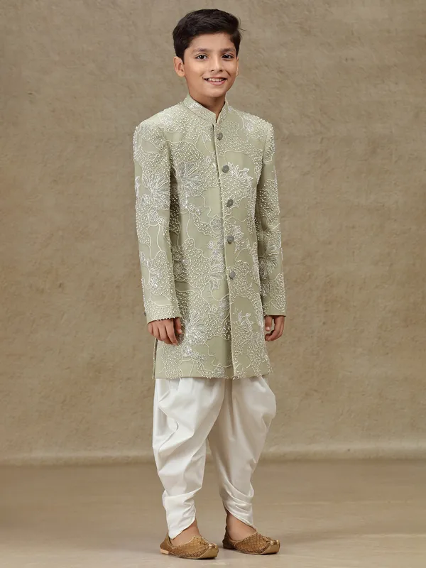 Olive silk reception wear indowestern for boys