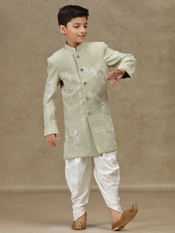 Olive silk reception wear indowestern for boys