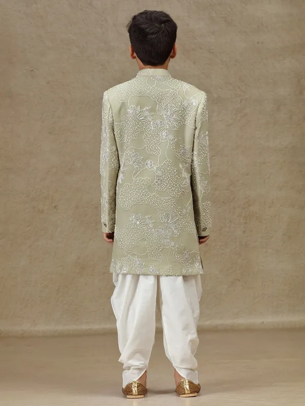 Olive silk reception wear indowestern for boys