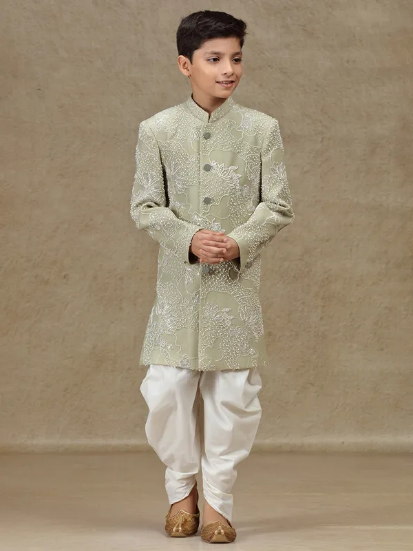 Olive silk reception wear indowestern for boys