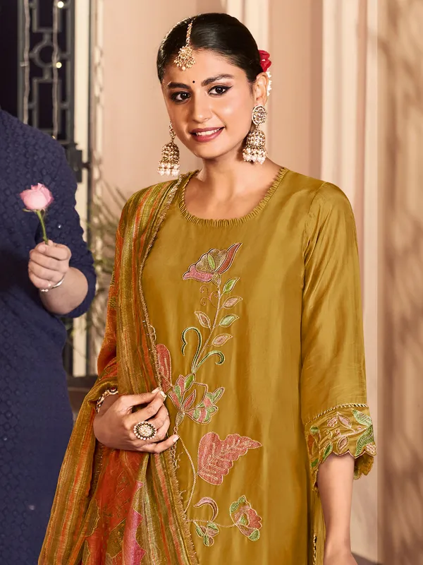 Olive silk salwar suit with embroidery