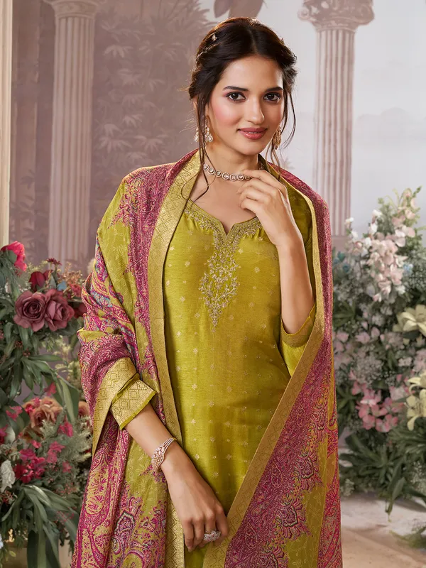 Olive silk salwar suit with printed dupatta