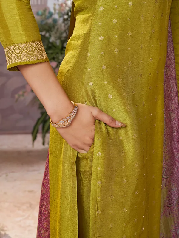 Olive silk salwar suit with printed dupatta