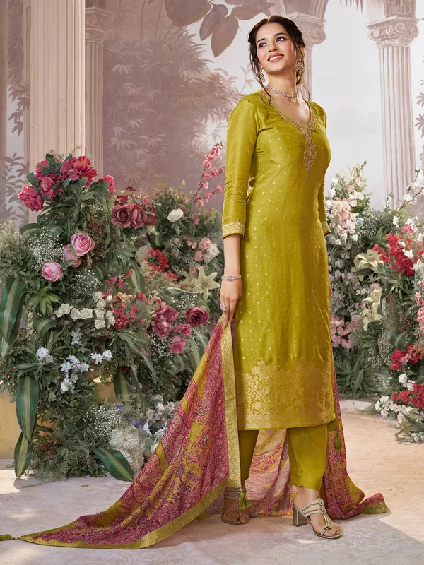 Olive silk salwar suit with printed dupatta